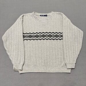 Cherokee Sweater Mens L Gray V Neck Geometric Fair Isle Vintage 90s
